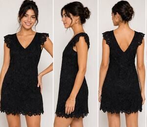 BB Dakota Black Floral Lace Fit and Flare V-Neck Cocktail Dress Size Small
